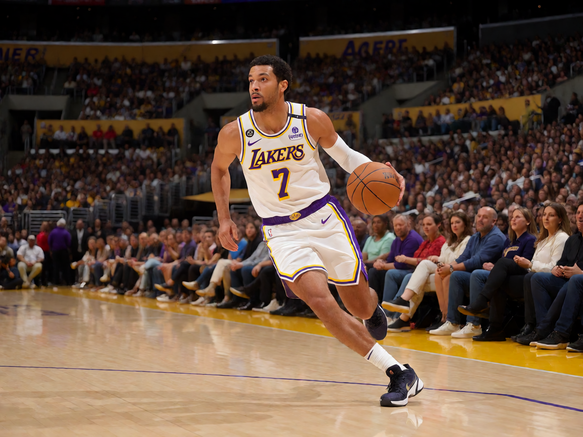 NBA湖人队主场作战，球员在场上突破上篮，观众席座无虚席